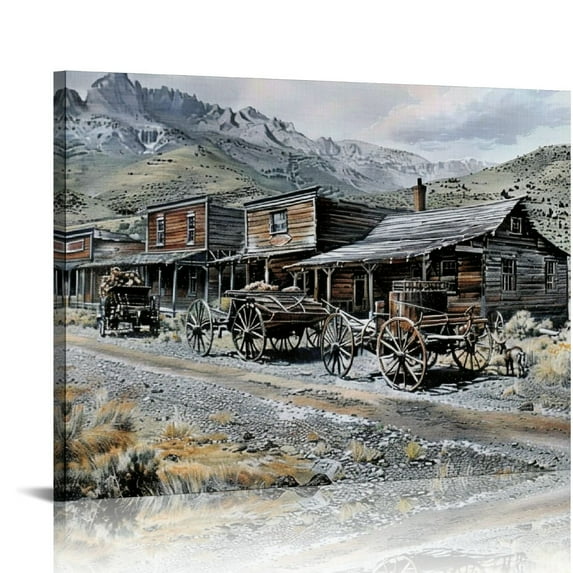 Orinice Old Western Town Wooden Buildings Wagons Fine Art Aesthetic Poster Print Wall Painting for Classroom, Kitchen, Office, Farmhouse, Bathroom, Room Decor Pictures Wall Art Canvas Living