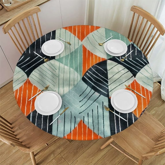 Orinice Orange Blue Geometric Shapes Round Table Cover Stain Resistant Washable for Indoor Outdoor Kitchen Dining Wedding Parties 100% Polyester Fiber 31-35