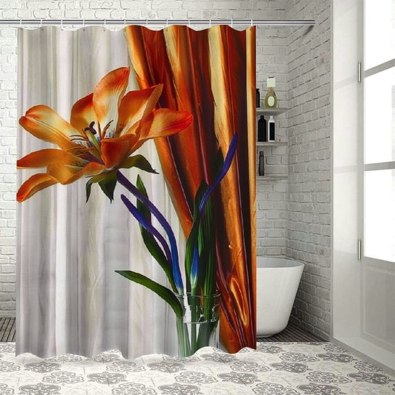 Orinice Orange Plant Tropical Flower Decor Shower Curtain, Flowers Bird of Paradise Bathroom Decor Polyester Fiber Plastic Rings Quick-Drying Waterproof for Bathtubs/Bathroom, 36x72