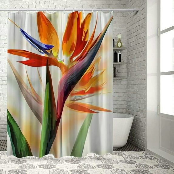 Orinice Orange Plant Tropical Flower Decorative Shower Curtain, Flowers Bird of Paradise Bathroom Décor Polyester Fiber Waterproof with Plastic Rings for Shower Stall Bathtubs 60x72