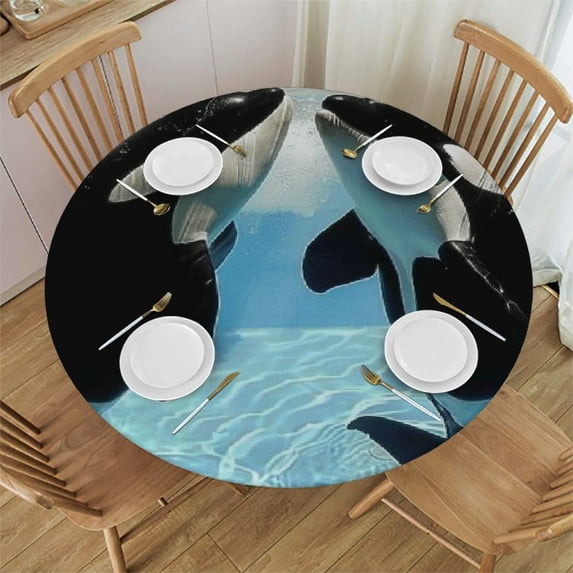 Orinice Orca Whales Round Table Cover Stain Resistant Washable for Indoor Outdoor Kitchen Dining Wedding Parties 100% Polyester Fiber 31-35