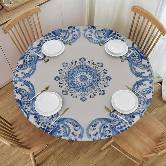 Orinice Ornamental Swirl Design Round Table Cover Stain Resistant Washable Indoor Outdoor Tablecloth Kitchen Dining Wedding Parties 100% Polyester Fiber 54-58