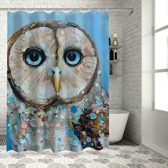 Orinice Owl Blue Eyes Brown Beak Bathroom Decor Set with Hooks | Colorful Luxurious Polyester Fabric Shower Curtain Set 69x72