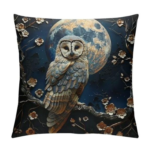 Orinice Owl Branch Moon Graphic Decorative Cushion Throw Pillow Cover for Home Couch Living Room Bed Sofa - Printed on Both Sides - 1PC 18x18in