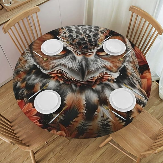Orinice Owl Flowers Round Table Cover Stain Resistant Washable Indoor Outdoor Tablecloth Kitchen Dining Wedding Parties Outdoor Fitted 100% Polyester Fiber 42-46
