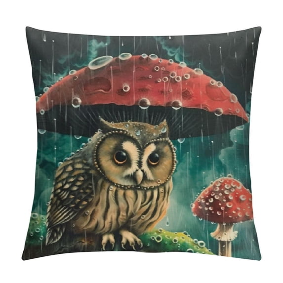 Orinice Owl Mushroom Rain Graphic Decorative Throw Pillow Cover for Home Couch Living Room Bed Sofa, Autumn Style, 1PC 22x22in