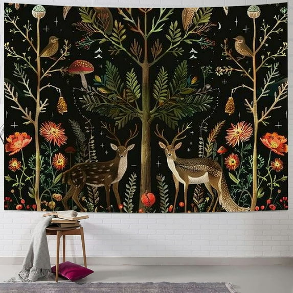 Orinice Owl snake moon phase vertical tapestry, witch tarot card decorative aesthetic tapestry, fairy forest mushroom flower nature wildlife tapestry wall hanging bedroom college dormitory 40x60inch