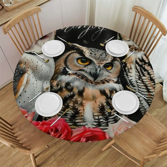 Orinice Owls Roses Message Round Table Cover Stain Resistant Washable Indoor Outdoor Tablecloth Kitchen Dining Wedding Parties 100% Polyester Fiber 42-46
