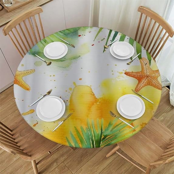 Orinice Palm Leaves Starfish Watercolor Painting Round Table Cover Stain Resistant Washable Indoor Outdoor Tablecloth Kitchen Dining Wedding Parties Outdoor Fitted 100% Polyester Fiber 54-58