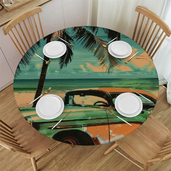 Orinice Palm Tree Beach Round Table Cover Stain Resistant Washable Indoor Outdoor Tablecloth Kitchen Dining Wedding Parties Table Cloth 100% Polyester Fiber 38-42