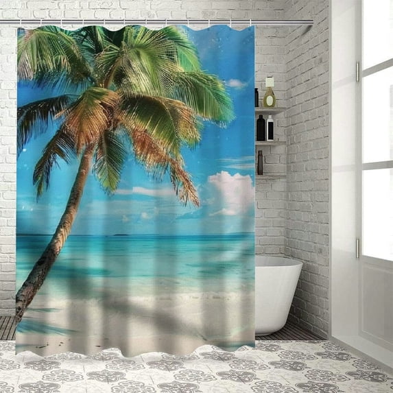 Orinice Palm Tree Beach Scene Bathroom Decor Set with Hooks, Colorful Luxurious Graphic Print Polyester Fabric Shower Curtain for Chic Modern Bathroom Decor 60x72