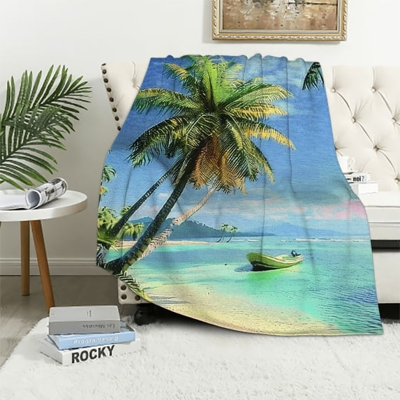 Orinice Palm Trees Boat Tropical Warm Lightweight Blanket Soft Fleece Blankets All Seasons Excellent Hand Feel Decor Gift 60x80in