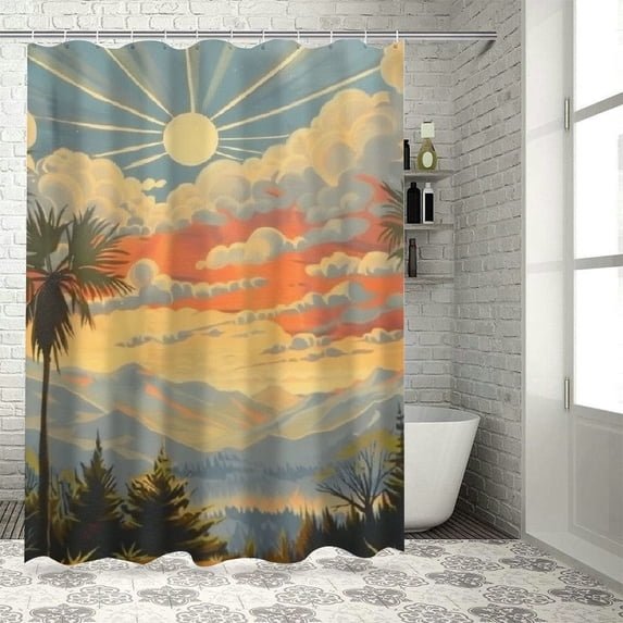 Orinice Palm Trees Clouds Mountain Range Bathroom Decor Set with Hooks Multi-Size Colorful Luxurious Graphic Print Polyester Fabric Fashion Shower Curtain 60x72