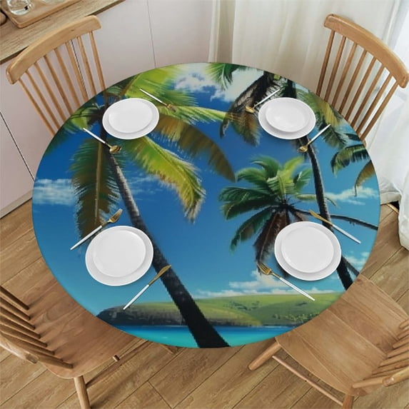 Orinice Palm Trees Round Table Cover Stain Resistant Washable Indoor Outdoor Tablecloth Kitchen Dining Wedding Parties 100% Polyester Fiber 31-35