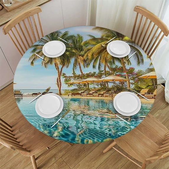 Orinice Palm Trees Round Table Cover Stain Resistant Washable Indoor Outdoor Tablecloth Kitchen Dining Wedding Parties Outdoor Fitted 100% Polyester Fiber 38-42