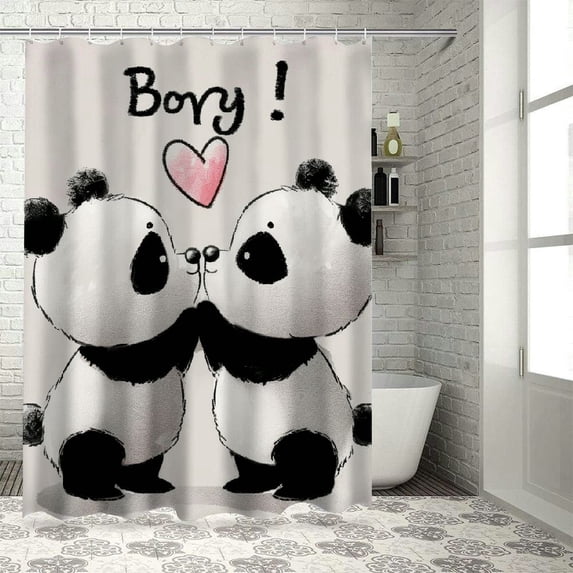 Orinice Panda Bears Hearts Cute Funny Bathroom Decor Set, Colorful Luxurious Polyester Shower Curtain Set with Hooks, Waterproof and Easy to Install 60x72