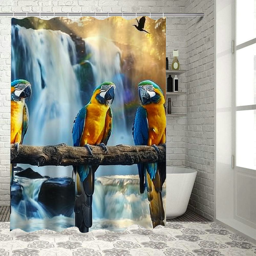 Photo inspiration: Gallery Detail: Orinice Parrot Shower Curtain Green Forest White Waterfall Sunrise