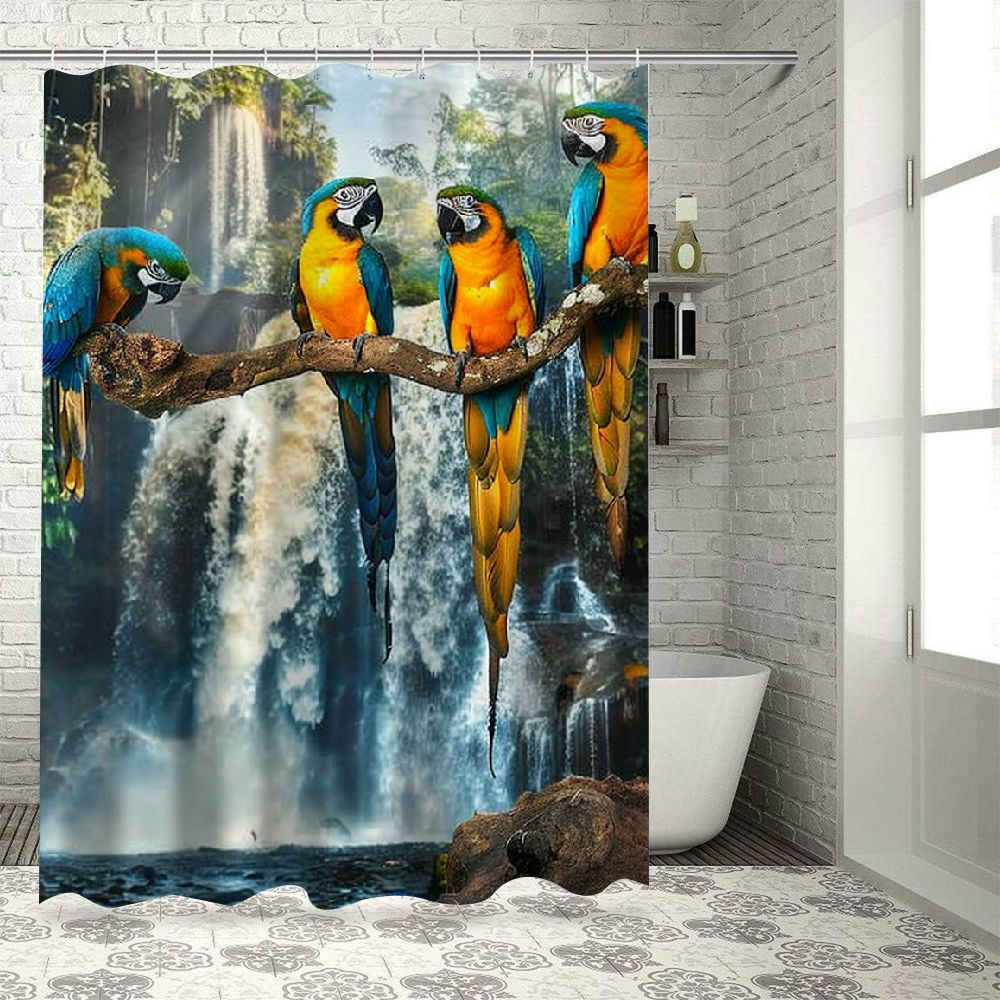 Image result for Orinice Parrot Shower Curtain Green Forest White Waterfall Sunrise ...
