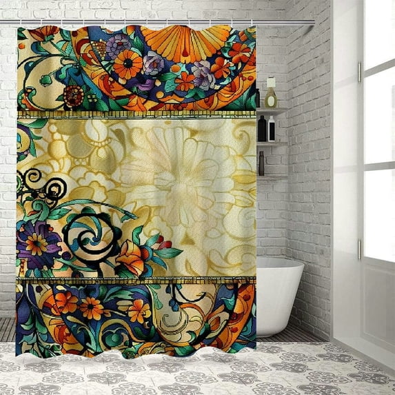 Orinice Pattern Art Nouveau Stylish Bathroom Decoration Set with Hooks, Luxury Graphic Printed Shower Curtain, Chic Modern Bathroom Decoration, Vibrant HD Print