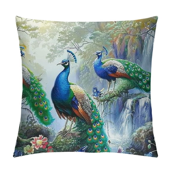 Orinice Peacocks Forest Waterfall Graphic Decorative Throw Pillow Cover Printed on Both Sides Spring Season Home Couch Living Room Sofa Bed 1PC 12x12in