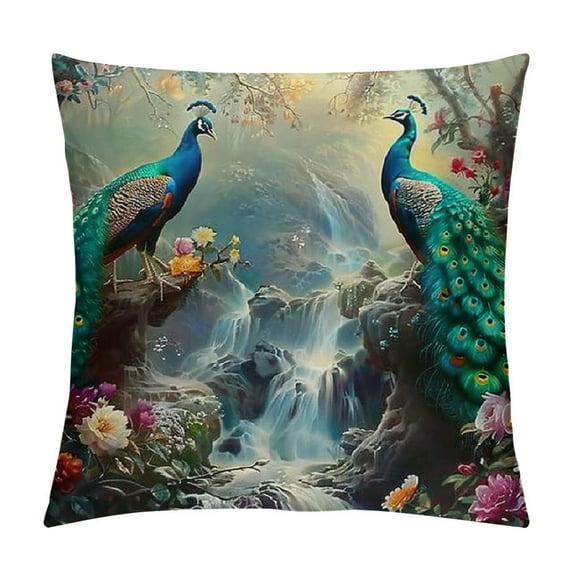Orinice Peacocks Waterfall Flowers Graphic Decorative Throw Pillow Cover for Home Couch Living Room Sofa, 1PC 18x18in