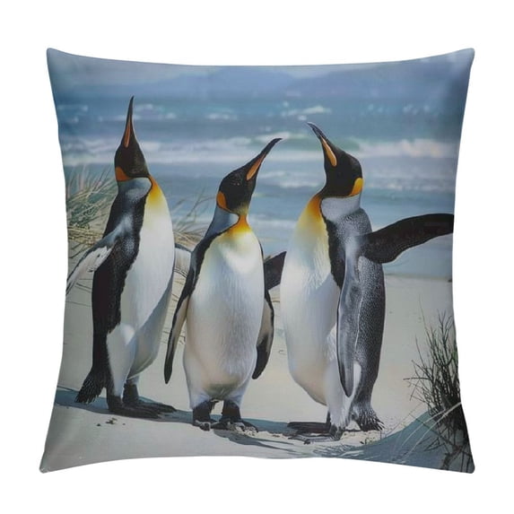 Orinice Penguins Beach Wildlife Graphic Decorative Cushion Throw Pillow Cover Short Plush Summer High-Quality 1PC 20x20in