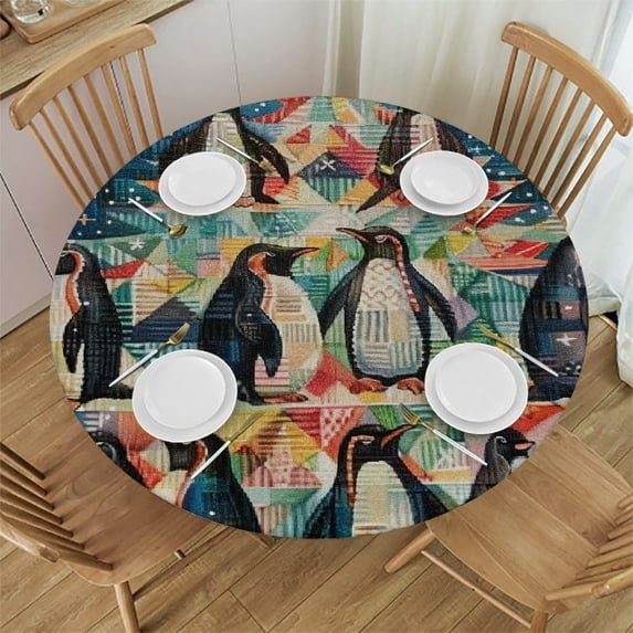 Orinice Penguins Christmas Round Table Cover Stain Resistant Washable Indoor Outdoor Tablecloth Kitchen Dining Wedding Parties Elastic Edge 100% Polyester Fiber Christmas Theme 31-35