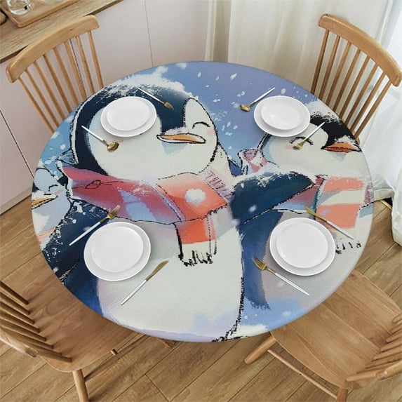 Orinice Penguins Snow Scarf Round Tablecloth, Stain Resistant & Washable, Perfect for Indoor/Outdoor Dining, Wedding, Parties - Waterproof 100% Polyester Fiber 38-42