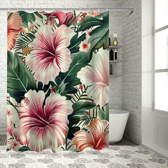 Orinice Pink Tropical Flower Shower Curtain Hawaii Green Palm Leaf Banana Leaves Red Flowers Hibiscus Orchid Floral Plants Spring Bathroom Polyester Fabric Decor Hanging Curtain Set 69x72