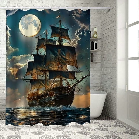 Orinice Pirate Ship Shower Curtain Nautical Vintage Ghost Sailboat Fantasy Ocean Full Moon Cloudy Night Sky Adventure Theme Home Bathroom Polyester Fabric Curtains with Hooks  60x72