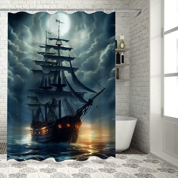Orinice Pirate Ship Shower Curtain Nautical Vintage Ghost Sailboat Sailing Fantasy Ocean Full Moon Cloudy Sky Adventure Gothic Boys Men Polyester Curtains Bathroom Decor with Hooks 60x72