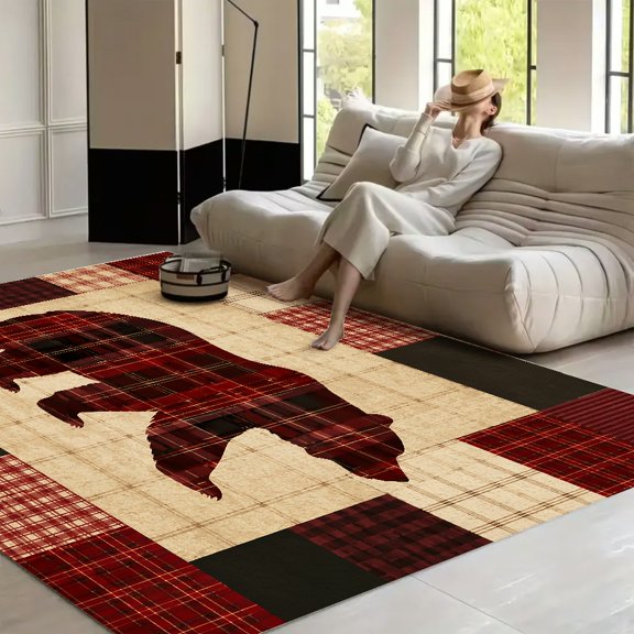 Orinice Plaid Bear Silhouette Patchwork Non‑Slip Indoor Floor Carpet Non‑Slip Indoor Floor Carpet for Bedroom Living Room Dining & Hallway Decoration