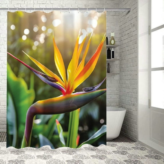 Orinice Plant Shower Curtain, Close-up Image of Strelitzia Reginae Bird of Paradise Flower Madeira Island Portugal, Fabric Bathroom Decor Set with Hooks, 36x72