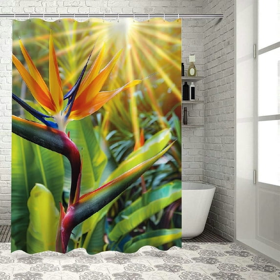 Orinice Plant Shower Curtain, Close-up Image of Strelitzia Reginae Bird of Paradise Flower Madeira Island Portugal, Fabric Bathroom Decor Set with Hooks, 69x72