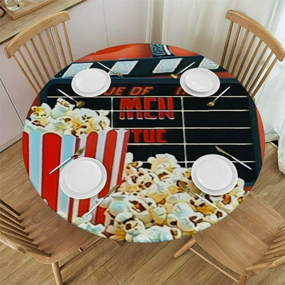 Orinice Popcorn Movie Film Cinema Round Table Cover Stain Resistant Washable Indoor Outdoor Tablecloth Kitchen Dining Wedding Parties Picnic Camping 100% Polyester Fiber 46-50