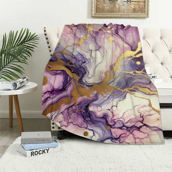 Orinice Purple Hues Marbling Effect Gold Lines Warm Lightweight Blanket Soft Fleece Throw Blanket for Living Rooms Sofa Decor All Seasons - Multiple Sizes Available 40x50in