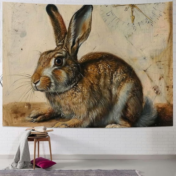 Orinice Rabbit Clock Painting Tapestry Wall Hanging Unique Style Graphic Tapestries Home Wall Decor for Living Room Bedroom 40x60inch