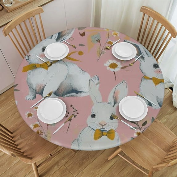 Orinice Rabbits Flowers Bow Tie Round Table Cover Stain Resistant Washable Indoor Outdoor Tablecloth Kitchen Dining Wedding Parties Waterproof 100% Polyester Fiber 42-46