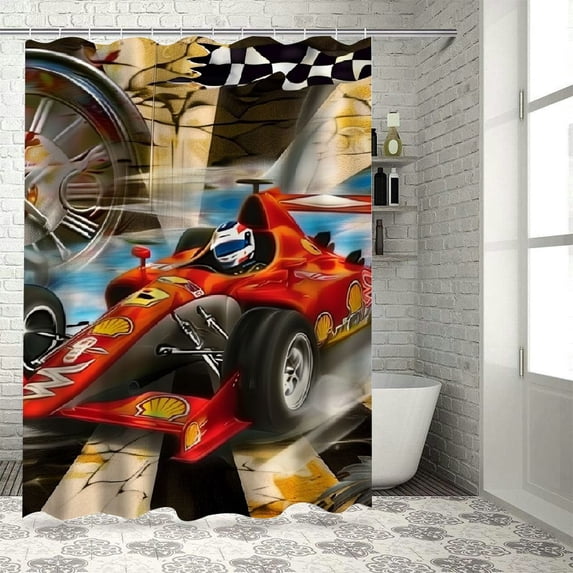 Orinice Race Car Checkered Flag Clock Bathroom Decor Set - Colorful Luxurious Graphic Print Polyester Fabric Shower Curtain for Bathroom with Hooks, 100% Waterproof, Multiple Sizes 36x72