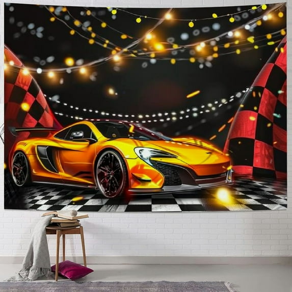 Orinice Racing Car Tapestry Black White Checkerboard Flag Wall Hanging Art for Kids Boys Teens Home Room Decor Honeycomb Hexagon Gaming Wall Blanket Black Modern Porch Hangings, 50x40inch