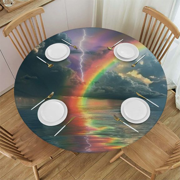 Orinice Rainbow Lightning Bolt Ocean Round Table Cover Stain Resistant Washable 100% Polyester Fiber for Indoor Outdoor Kitchen Dining Wedding Parties Tablecloth 31-35
