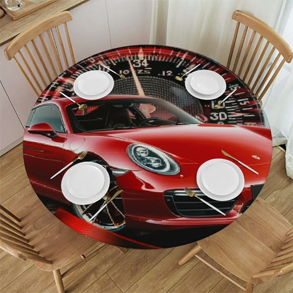 Orinice Red Car Checkered Background Speedometer Round Table Cover Stain Resistant Washable Indoor Outdoor Tablecloth Kitchen Dining Wedding Parties Waterproof Fabric 100% Polyester 54-58