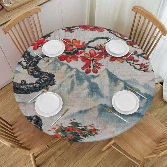 Orinice Red Flowers Mountains Round Table Cover Stain Resistant Washable Indoor Outdoor Tablecloth Kitchen Dining Wedding Parties Full Width Single-Sided Printing 100% Polyester Fiber 31-35
