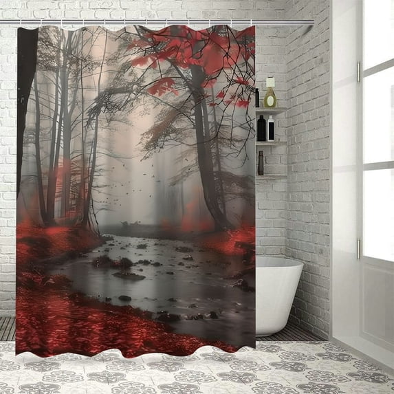 Orinice Red Leaves Trees Foggy Sky Bathroom Decor Set - Colorful Luxurious Polyester Fabric Shower Curtain Set with Hooks 36x72