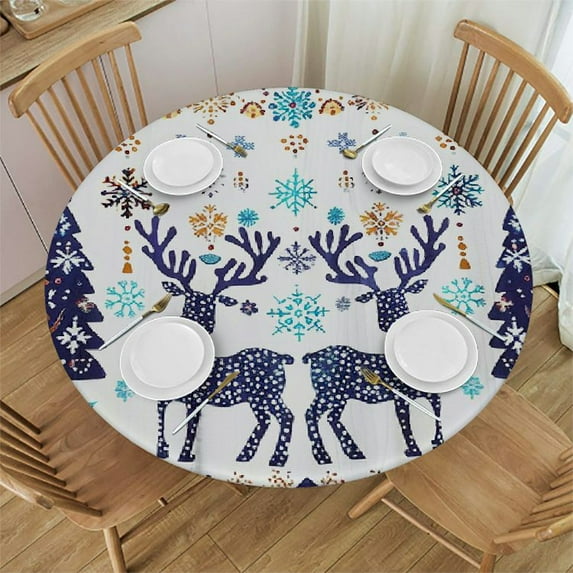 Orinice Reindeer Snowflakes Trees Round Table Cover Stain Resistant Washable Indoor Outdoor Tablecloth Kitchen Dining Wedding Parties 100% Polyester Fiber Christmas Theme 42-46