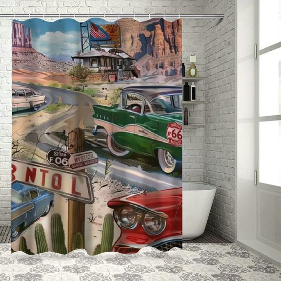 Orinice Route Road Trip Cars Cactus Bathroom Decor Set with Hooks Polyester Fabric Shower Curtain Chic Modern Design 36x72