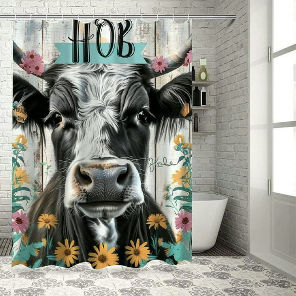Orinice Rustic Highland Cow Shower Curtain Teal Daisy Funny Cattle Farm Western Wooden Fence Farmhouse Home Bathroom Decor Waterproof Fabric  White