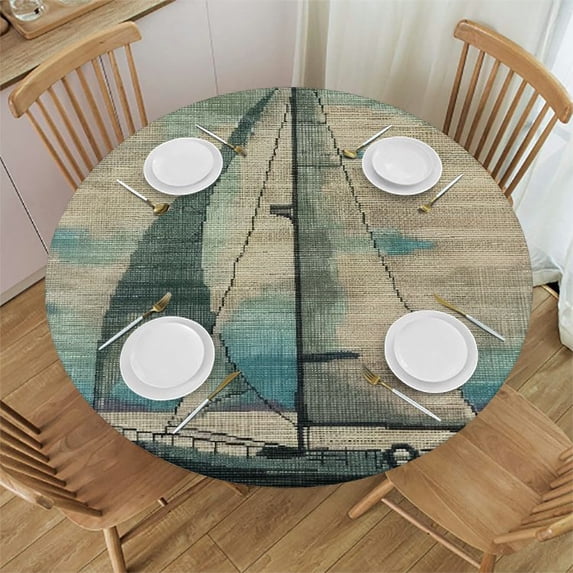 Orinice Sail Boat Round Table Cover Stain Resistant Washable Indoor Outdoor Tablecloth Kitchen Dining Wedding Parties Picnic Farmhouse 100% Polyester Fiber 31-35