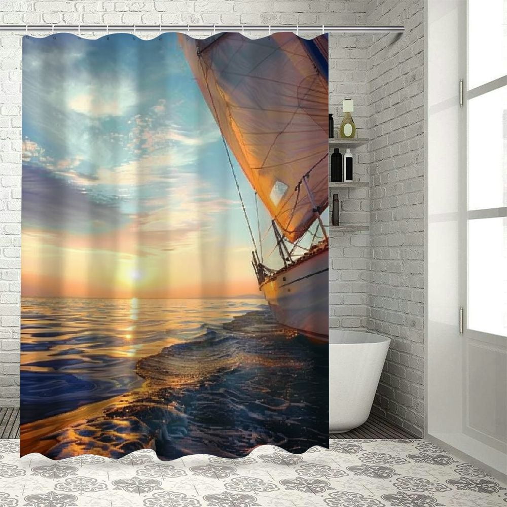 Orinice Sailboat Nautical Shower Curtain, Sail Boat Gliding in Open Sea at Sunset Leisure Vessel