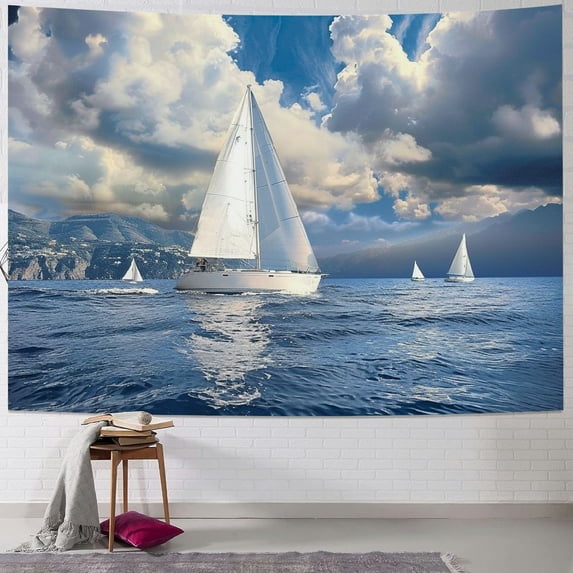 Orinice Sailboat Ocean Clouds Tapestry Wall Hanging Unique Style Graphic Tapestries Home Decor for Living Room Bedroom 50x40inch